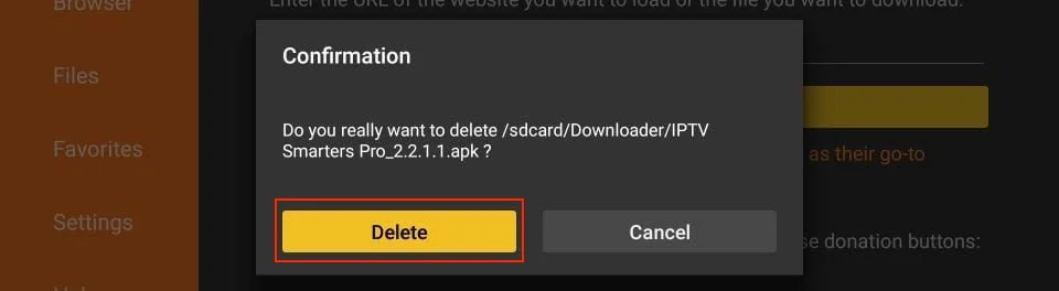 Delete confirmation screen in Downloader app to free up storage space
