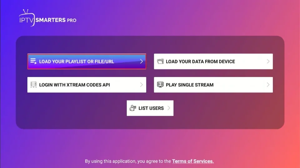 IPTV Smarters Load Your Playlist button for M3U URL configuration