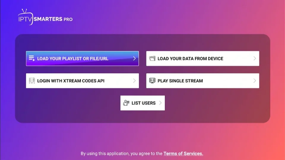 IPTV Smarters Pro home screen interface with login options on FireStick